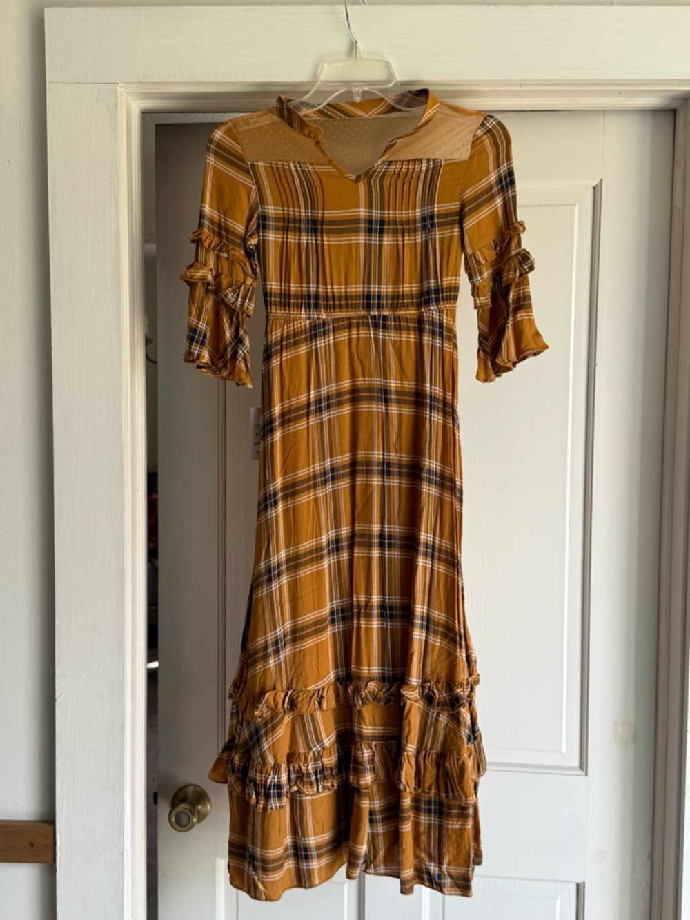 Joyfolie Mariana Dress in Ochre size 6 Mustard Plaid Ruffle Midi Dress - girls